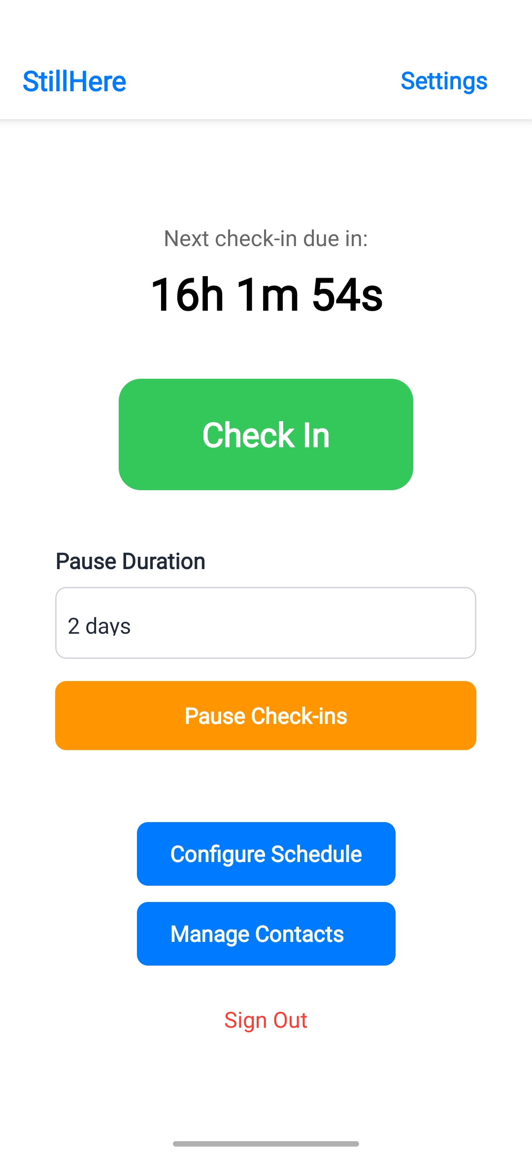 StillHere App Screenshot - Check-in