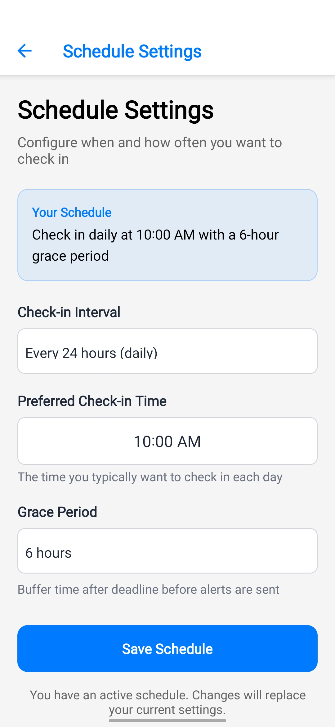 StillHere App Screenshot - Schedule